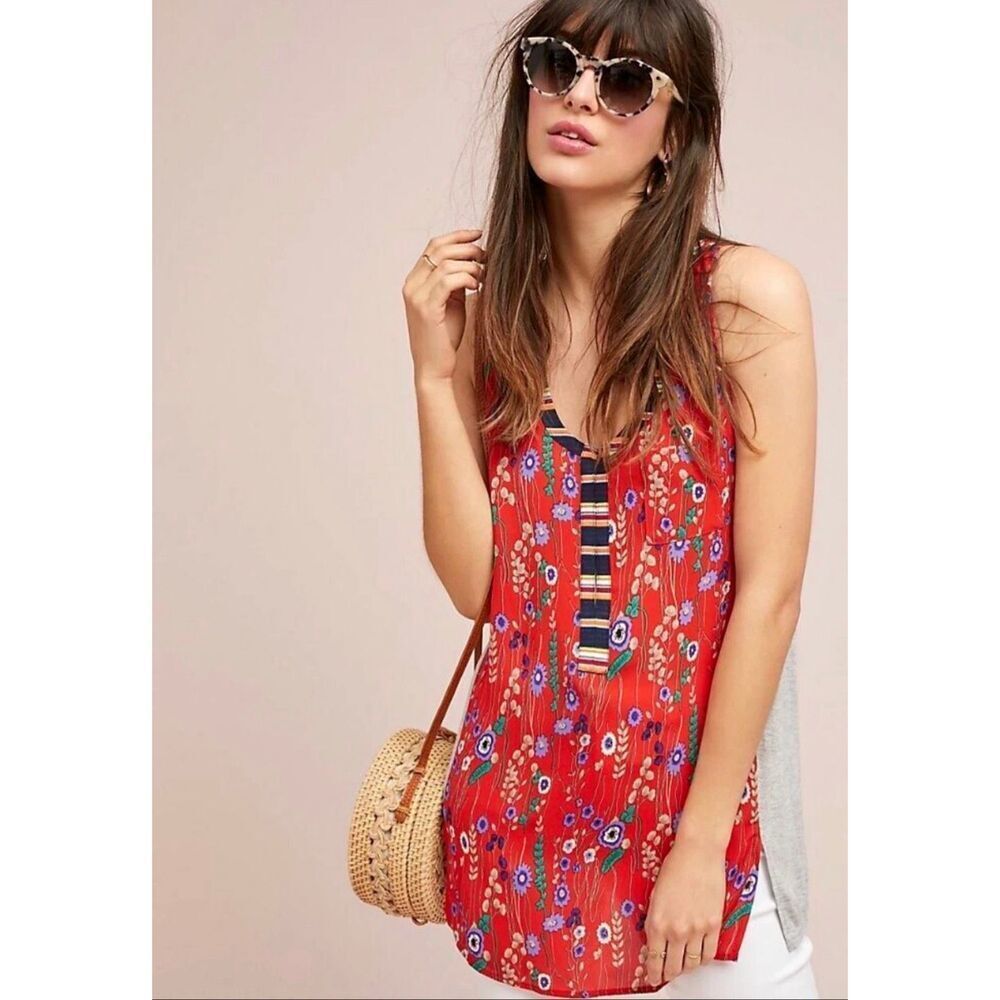 NWT Anthropologie Tiny Brand Red Gray Color Block Floral Swing Tank Top Size XS